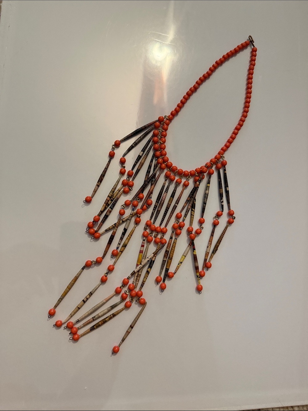 Vintage Bohemian Beaded statement bib Necklace Coral & hand rolled paper beads